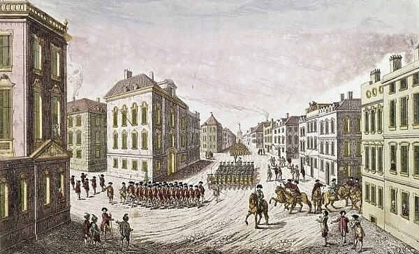 OCCUPIED NEW YORK, 1776. A European view of the entry of British troops in New York, September 1776. Contemporary French line engraving by Fran├ºois Xavier Habermann