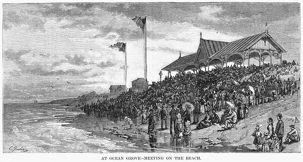 OCEAN GROVE, 1879. At Ocean Grove - Meeting on the Beach. Engraving, 1879