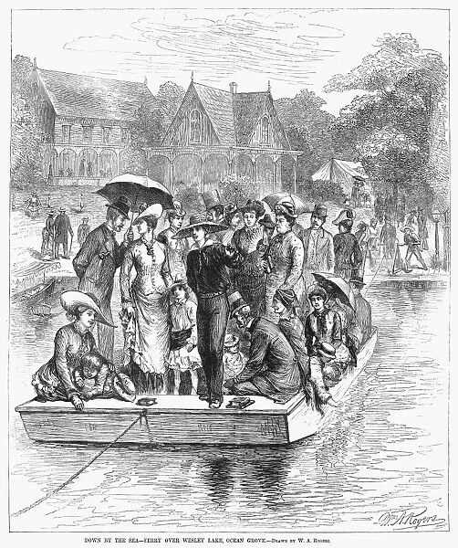 OCEAN GROVE FERRY, 1878. Vacationers at Ocean Grove on the New Jersey coast cross Wesley Lake standing on a flatbottomed ferry pulled by cables. Wood engraving after W. A. Rogers, 1878