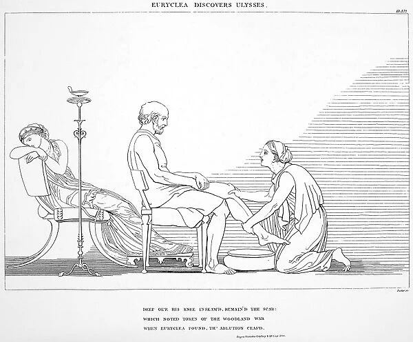 Odysseus recognized by his aged nurse Euryclea. Line engraving, 1805, after the drawing by John Flaxman