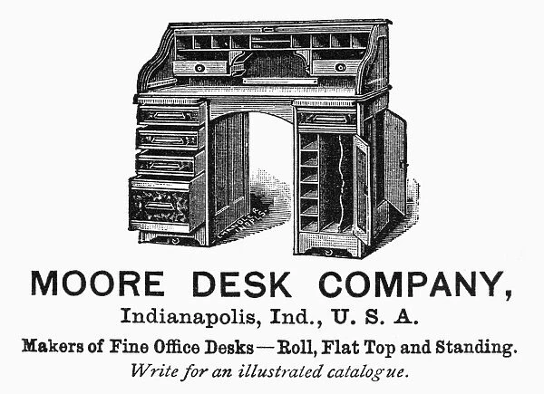OFFICE DESK AD, 1890. American magazine advertisement, 1890, for office desks manufactured by the Moore Desk Company of Indianapolis, Indiana