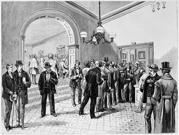 OFFICE-SEEKERS, 1877. Office-seekers in the lobby of the White House (from which the word lobbyist derives) awaiting an interview with newly inaugurated President Rutherford B. Hayes. Line engraving, 1877