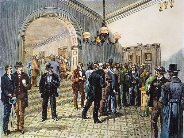 Office-seekers in the lobby of the White House (from which the word lobbyist derives) awaiting an interview with newly-inaugurated President Rutherford B. Hayes in his private office. Line engraving, 1877