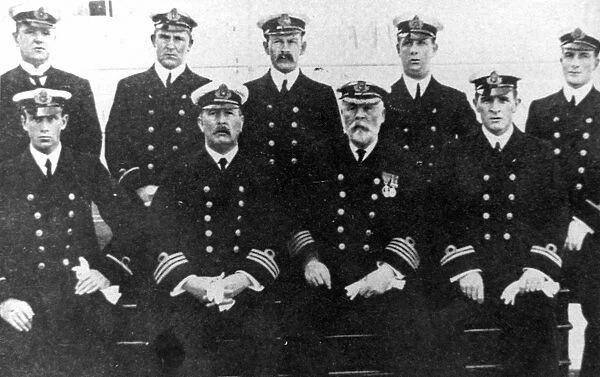OFFICERS OF THE TITANIC, 1912. Standing, left-to-right: Herbert McElroy, Chief Purser; Charles Lightoller, Second Officer; Herbert Pitman, Third Officer; Joseph Boxhall, Fourth Officer; Harold Lowe, Fifth Officer. Seated, left-to-right: James Moody, Sixth Officer; Henry Wilde, Chief Officer; Captain E. J. Smith; William Murdoch, First Officer