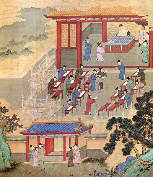 Officials of several Chinese cities compose essays designed to demonstrate their knowledge of Confucian texts, at the court of T'ang emperor Ming Huang (712-756), who supervises the examination from a pavilion at the rear. Chinese painting