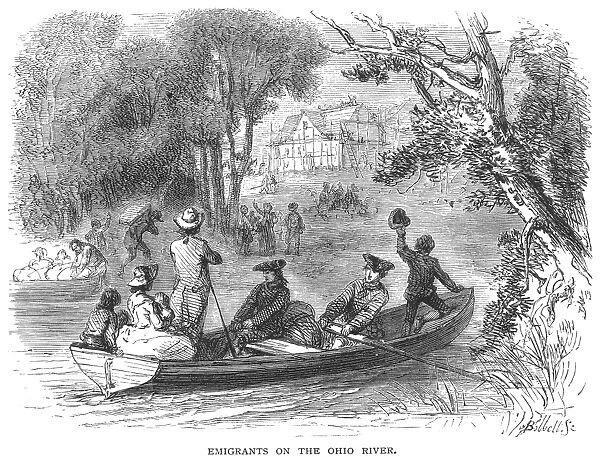 OHIO RIVER: EMIGRANTS. Emigrants from east of the Allegheny Mountains arrive at a new settlement on the banks of the Ohio River, c1789: wood engrving, 19th century, after an illustration by Felix O. C. Darley