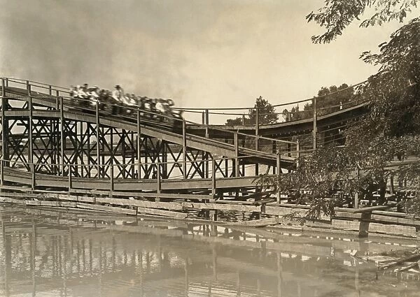 OHIO: ROLLER COASTER, 1908. Newsboys riding the Scenic Railway roller coaster at