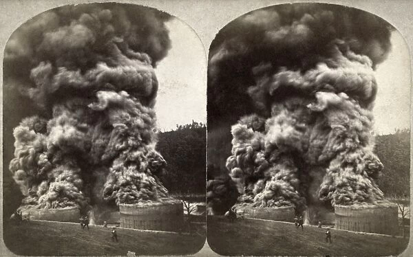 Two oil storage tanks burst into flames at the Imperial Refinery near Oil City, Pennsylvania. Stereograph, c1875