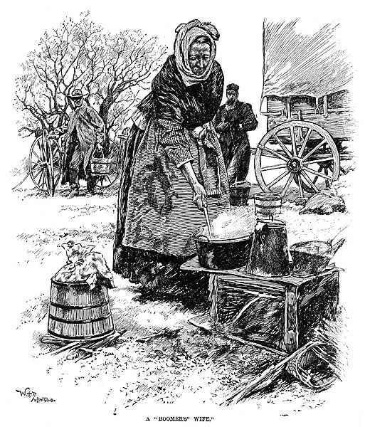 OKLAHOMA BOOMER, 1889. A boomers wife awaiting the opening of homestead lands