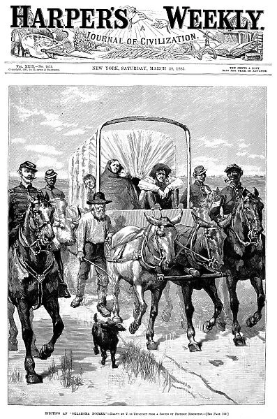 OKLAHOMA BOOMERS, 1885. The U. S. Army ejecting an Oklahoma Boomer from settling in Indian territory. Wood engraving after Frederic Remington from an American newspaper of 1885