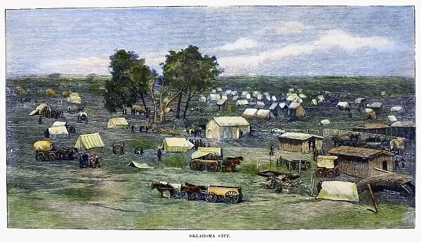 OKLAHOMA CITY, 1889. Oklahoma City on the first day of the Oklahoma land rush, 22 April 1889. Contemporary American wood engraving