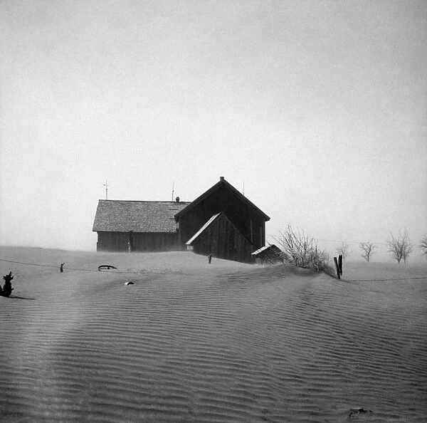 OKLAHOMA: FARMHOUSE, 1936. Sand dunes burying a farm after a dust storm in Cimarron County