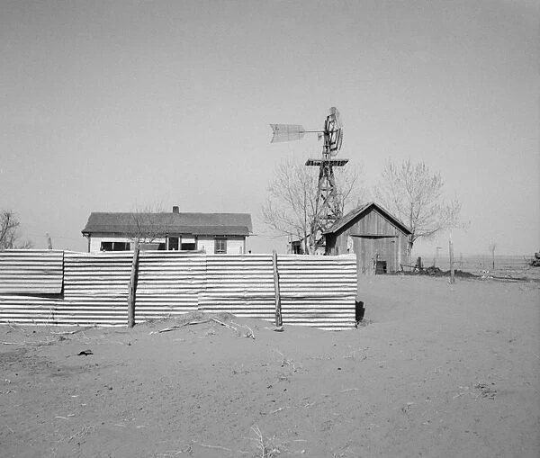 OKLAHOMA: FARMHOUSE, 1936. A windbreak made from the roof of a barn guarding a