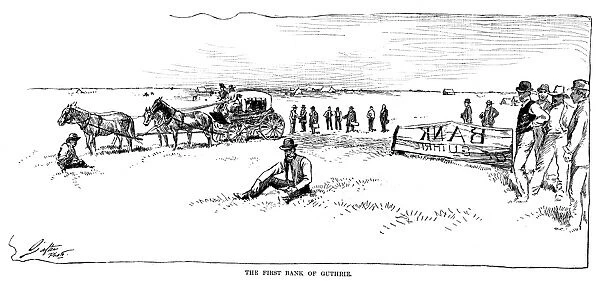 OKLAHOMA LAND RUSH, 1889. Establishing the first bank at Guthrie, Oklahoma Territory, on the first day of the Oklahoma land rush, 22 April 1889. Drawing from a contemporary American newspaper