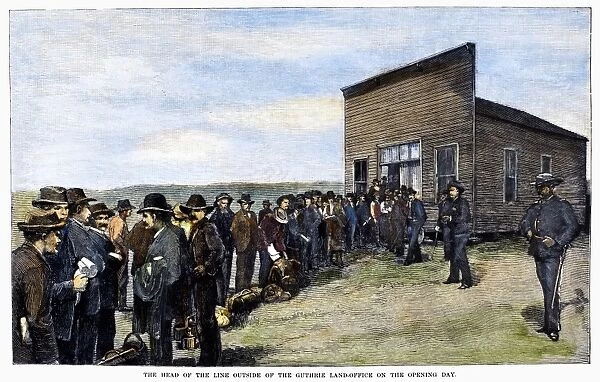 OKLAHOMA LAND RUSH, 1889. Line outside the land office at Guthrie, Oklahoma, on the first day of the Oklahoma Land Rush, 22 April 1889. Contemporary American wood engraving