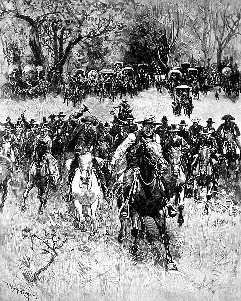 OKLAHOMA LAND RUSH, 1891. Oklahoma homesteaders at the start of the rush to stake their claims to former Indian lands, 22 September 1891. Contemporary line engraving after W. A. Rogers
