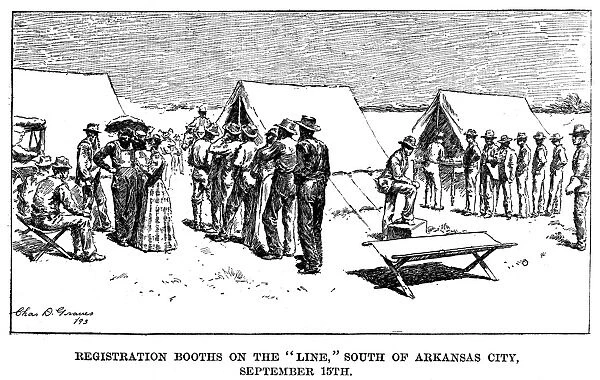 OKLAHOMA LAND RUSH, 1893. Homesteaders at registration booths south of Arkansas City
