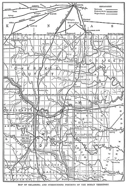 OKLAHOMA MAP, 1889. Map of Oklahoma and surrounding portions of the Indian Territory