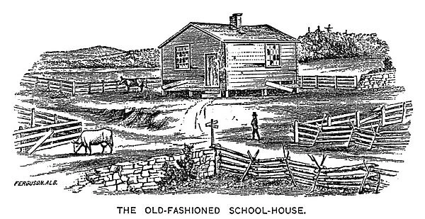 OLD-FASHIONED SCHOOLHOUSE. Wood engraving, American, 19th century
