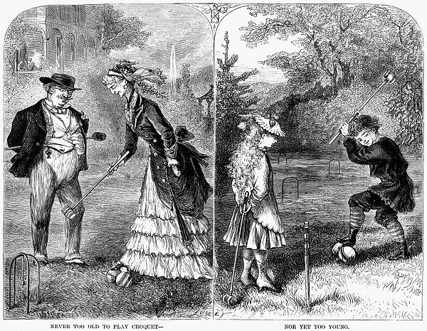 Never too old to play croquet, nor yet too young. Wood engraving, American, 1873