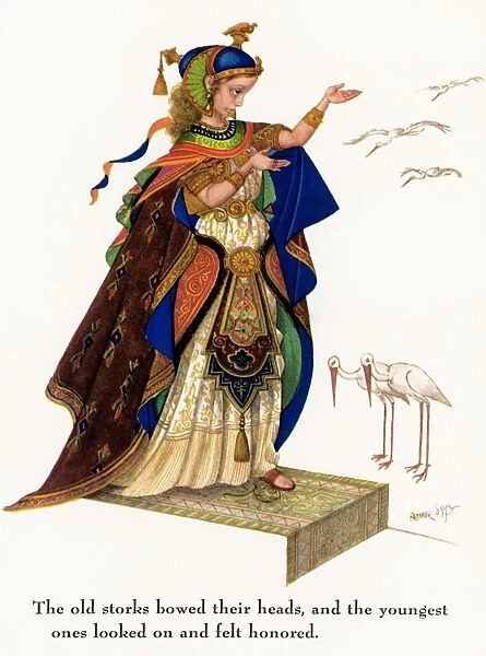 The old storks bowed their heads, and the youngest ones looked on and felt honored. Drawing by Arthur Szyk for the fairy tale by Hans Christian Andersen