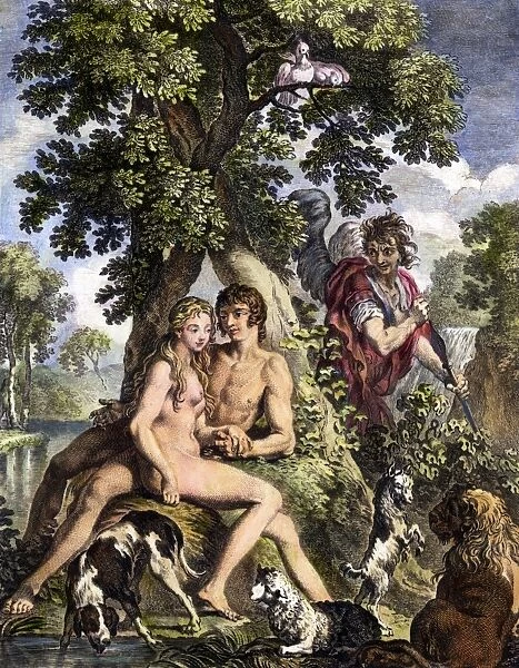 OLD TESTAMENT: ADAM & EVE. Satan spying on Adam and Eve in the Garden of Eden. Line engraving