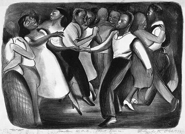 OLDS: HARLEM, 1937. Harlem WPA Street Dance. Lithograph by Elizabeth Olds, 1937