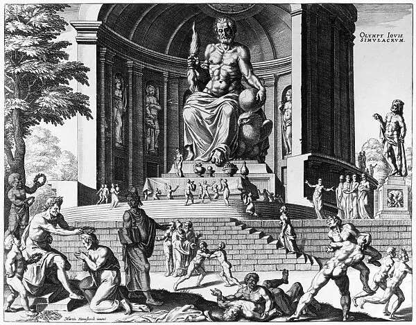 OLYMPIA: STATUE OF ZEUS. The colossal statue of Zeus at Olympia, Greece. Before the statue, athletes are competing. Line engraving from Diversarum Imaginum Speculativarum, published by Joannes Gallaeus at Antwerp, 1638