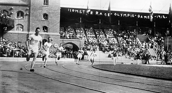 OLYMPIC GAMES, 1912. Runners competing in the 110 meter event during the 5th Olympic Games held in Stockholm, Sweden, 1912