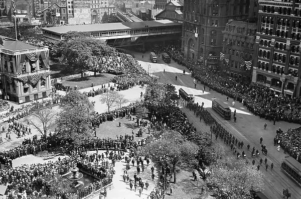 OLYMPICS PARADE, 1908. Parade of athletes, marchers and spectators at City Hall Park in New York City for the 4th Olympic Games held in London, England. Photograph, 29 August 1908