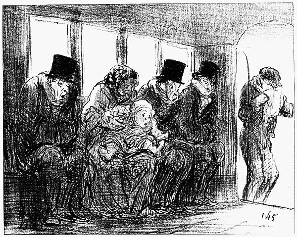 An Omnibus during an epidemic of Grippe. Lithograph cartoon, 1858, by Honor