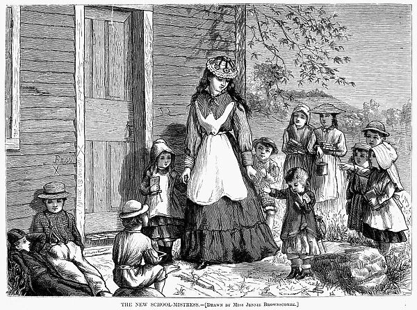 ONE-ROOM SCHOOL HOUSE. The New School-Mistress. Wood engraving, American, 1873