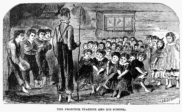 ONE-ROOM SCHOOLHOUSE, 1883. The Frontier Teacher And His School. A Schoolroom on the western frontier. Wood engraving, American, 1883