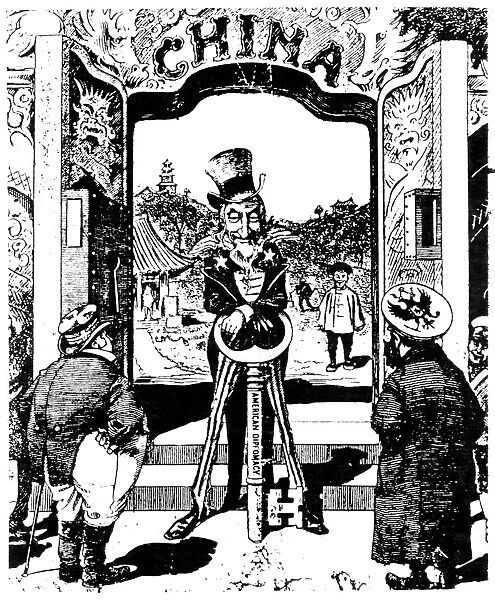 OPEN DOOR CARTOON, 1900. An American cartoon of 1900 showing Uncle Sam opening China to free trade with the key of American diplomacy while economic competitors England and Russia look on