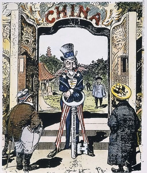 OPEN DOOR CARTOON, 1900. An American cartoon of 1900 showing Uncle Sam opening China to free trade with the key of American diplomacy while economic competitors England and Russia look on