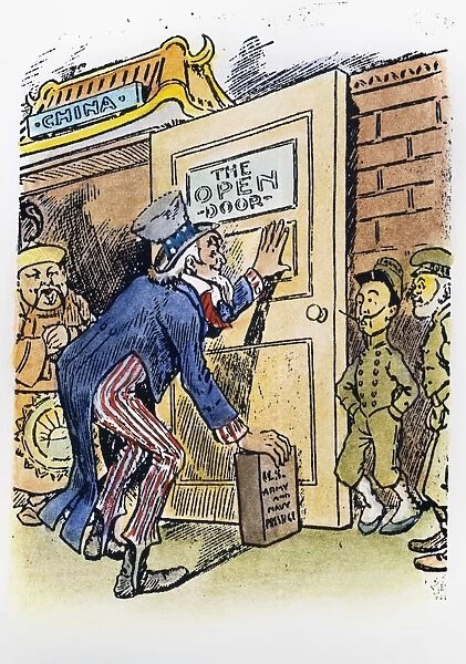 OPEN DOOR CARTOON, c1900. American cartoon, c1900, depicting Uncle Sam propping the Open Door policy with China with the brick of U. S. Army and Navy Prestige, as the colonial powers of France and Russia look on