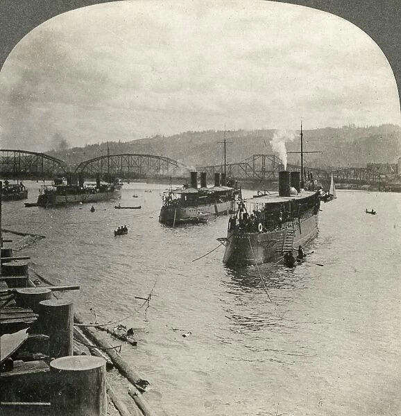 OREGON: PORTLAND HARBOR. The torpedo boat flotilla of a fleet of battleships in Portland Harbor