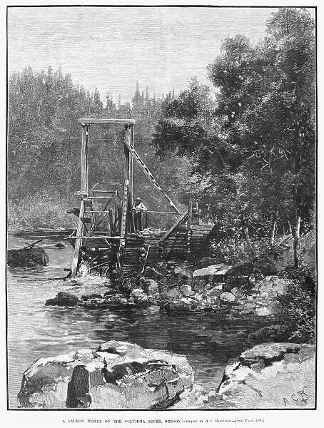 OREGON: SALMON WHEEL, 1883. A water wheel equipped with baskets to catch salmon swimming upstream