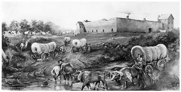 OREGON TRAIL: EMIGRANTS. A party of emigrants arriving by wagon train at Fort Hall