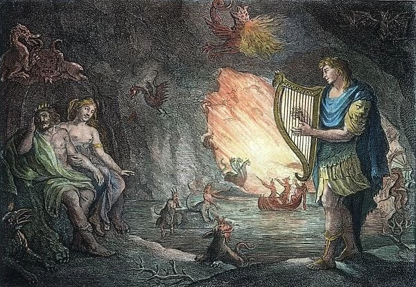 ORPHEUS AND PLUTO. Orpheus in Hades with Pluto and Proserpine: line engraving, French, 18th century
