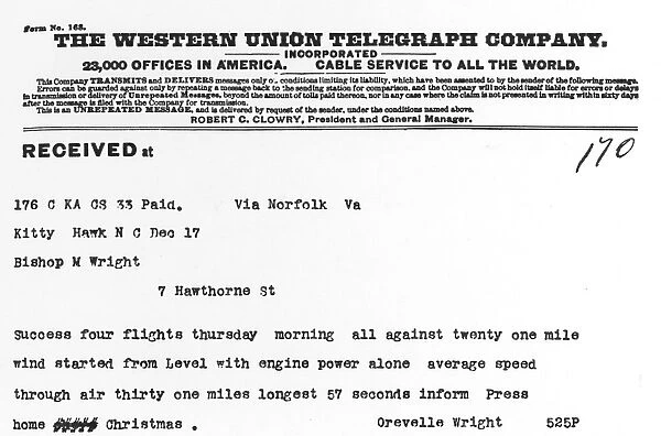 Orville Wrights telegram to his father announcing the successful flights of 17 December 1903