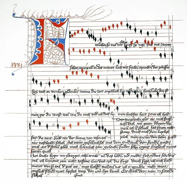 OSWALD VON WOLKENSTEIN (c1377-1445). German lyric poet and adventurer. Manuscript page from a 1425 collection of his songs