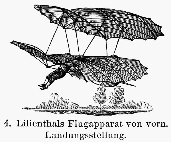One of Otto Lilienthals early glider flights. Line engraving, German, late 19th century