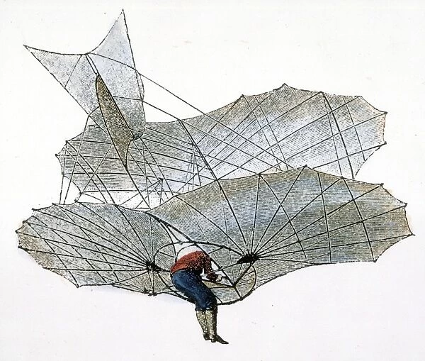 One of Otto Lilienthals early glider flights: engraving, late 19th century