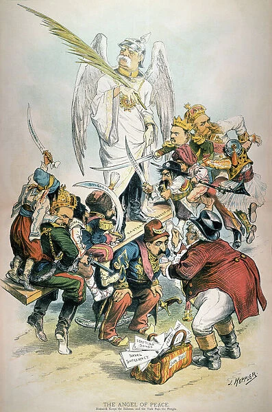 OTTO VON BISMARCK (1815-1898). Prince Otto von Bismarck-Schonhausen. American cartoon of 1886 by Joseph Keppler mocking Bismarck as an Angel of Peace in the Balkans following his role as honest broker at the Congress of Berlin, 1878, which ended the Russo-Turkish War but not high feelings in