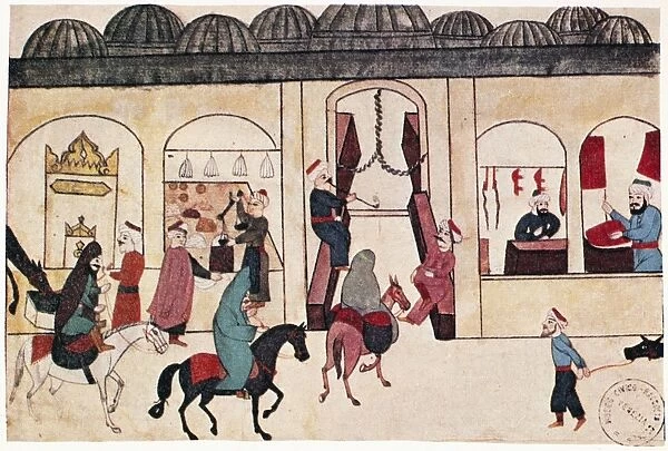 OTTOMAN BAZaR. Stalls at a Turkish bazaar. Turkish miniature, 17th century