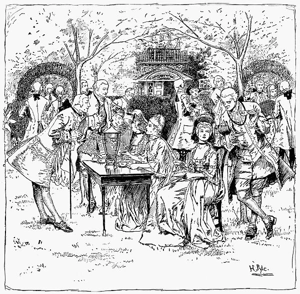 An outdoor tea party in 18th-century colonial New England. Illustration by Howard Pyle (1853-1911)