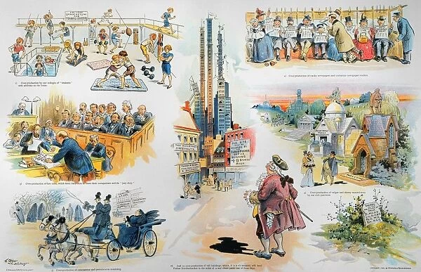 OVERPRODUCTION CARTOON. Over-Production  /  Some New Years Reflections on Our Great National Weakness. Cartoon, 1896, by F. B. Opper on the unfortunate proliferation in America of college athletes, trashy newspapers, law suits and jury duty, and skyscrapers