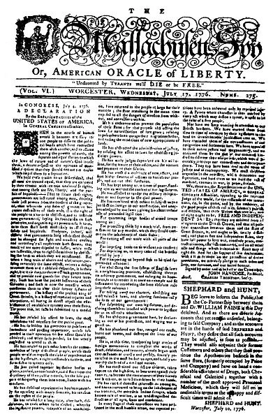 Front page of the 17 July 1776 issue of The Massachusetts Spy, or American Oracle of Liberty, published at Worcester, Massachusetts