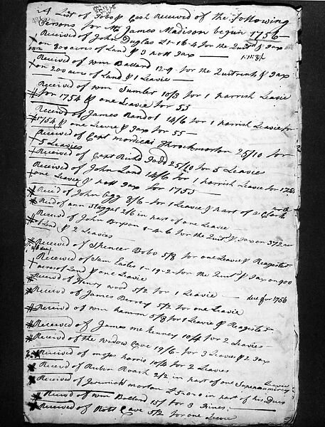 A page from the account book of James Madison (1751-1836), showing an entry from 1756